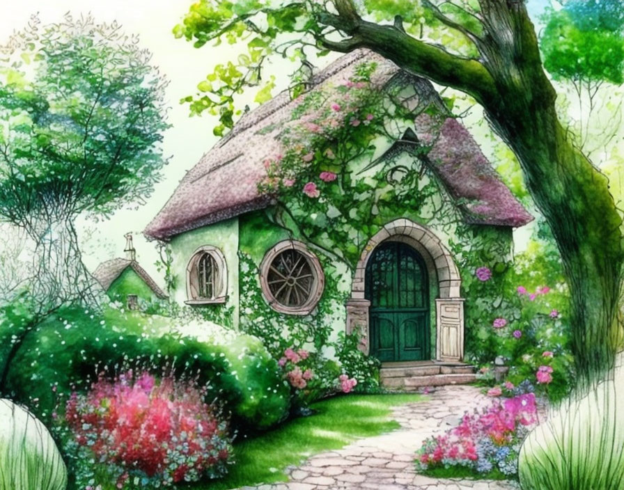 Ivy-covered cottage with round window and pink flowers