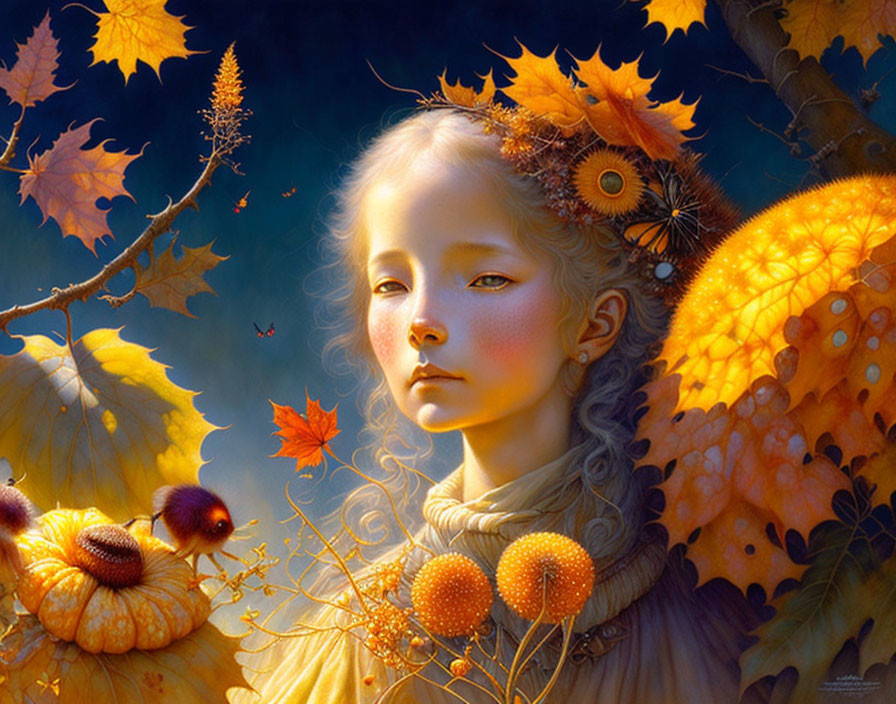 Serene girl with autumn leaves, golden fall foliage, chestnuts, and butterfly