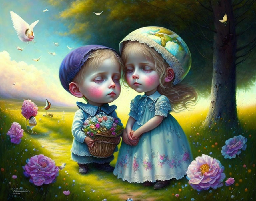 Animated children with oversized heads in fantasy meadow with flowers and bird