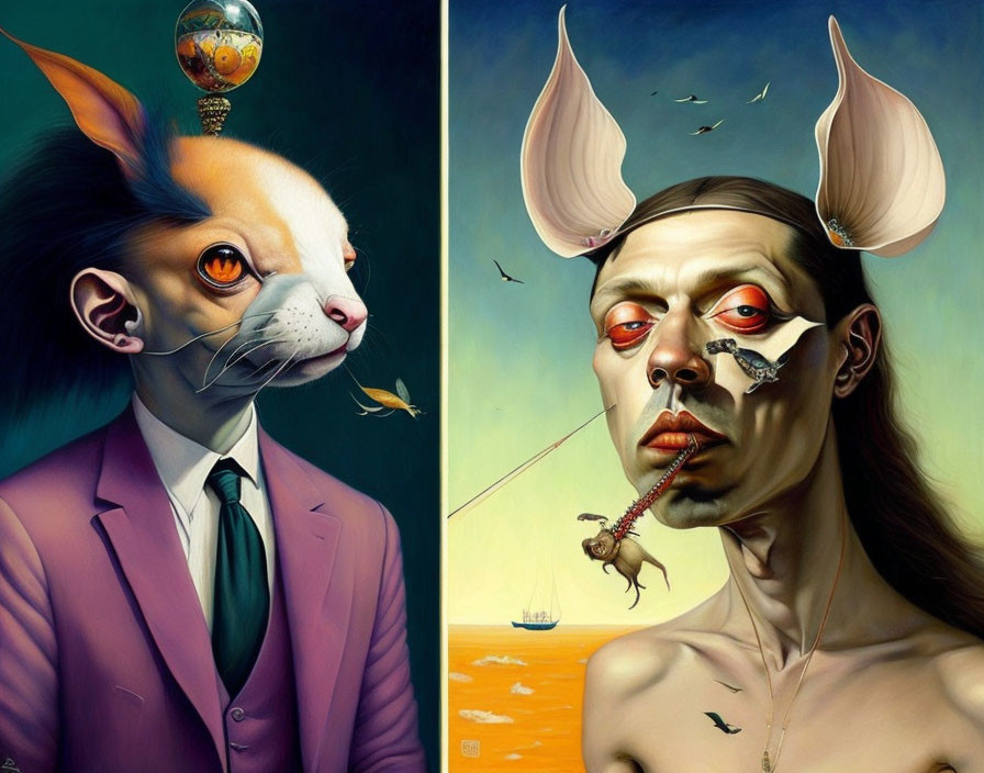 Surreal Artwork: Cat-headed figure in suit & humanoid with fishhook, set against vivid