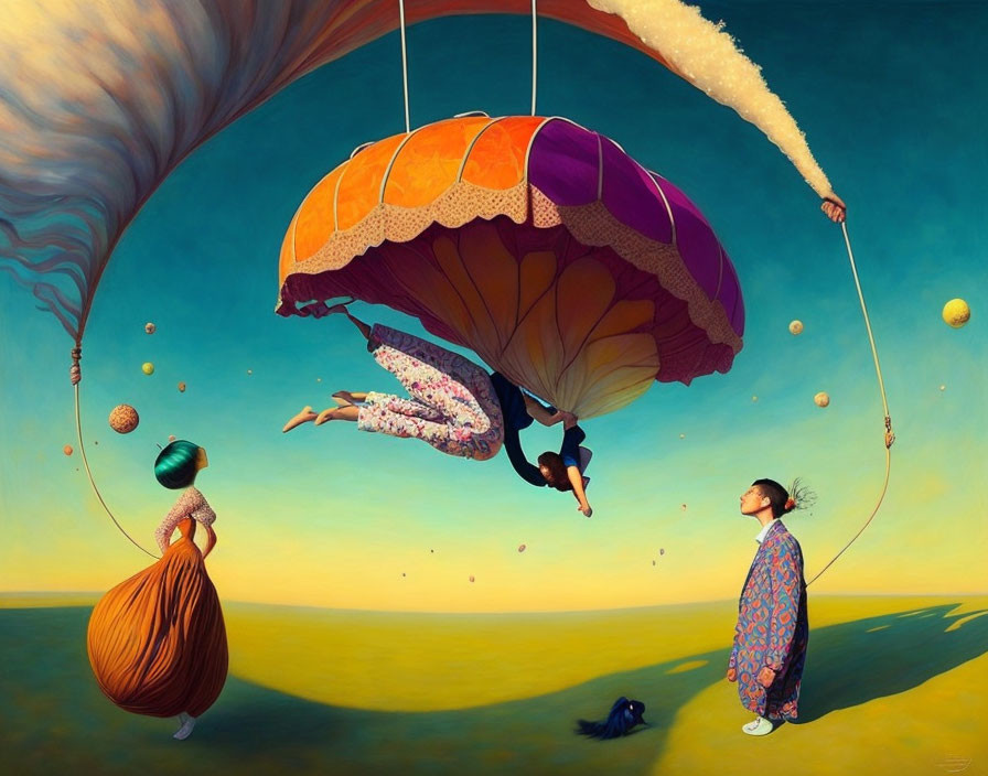 Surreal painting of figures, parachutist, orbs, and whimsical landscape