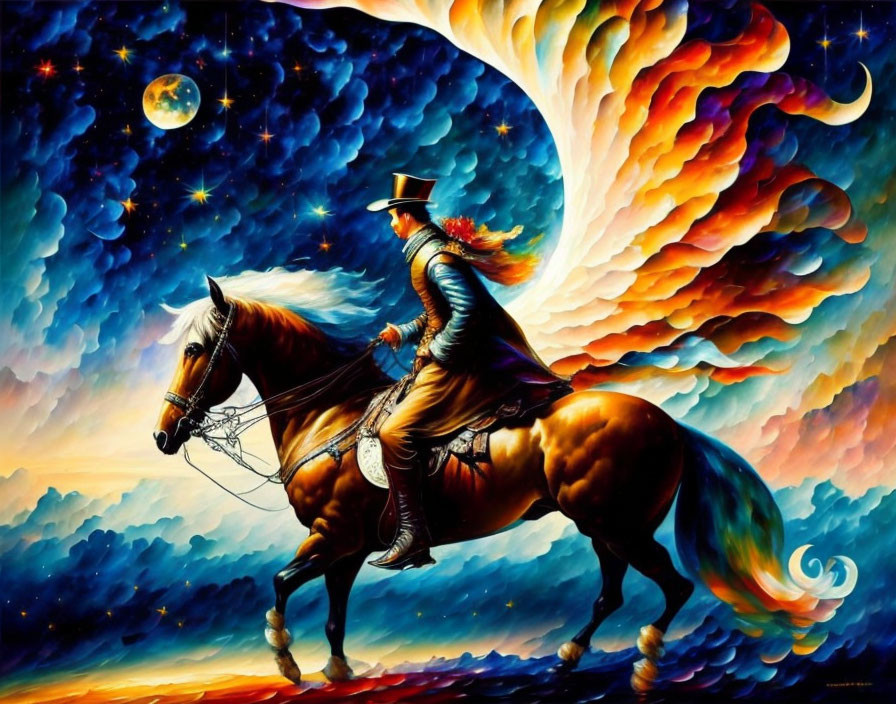 Colorful painting: person on horse with fiery mane under crescent moon