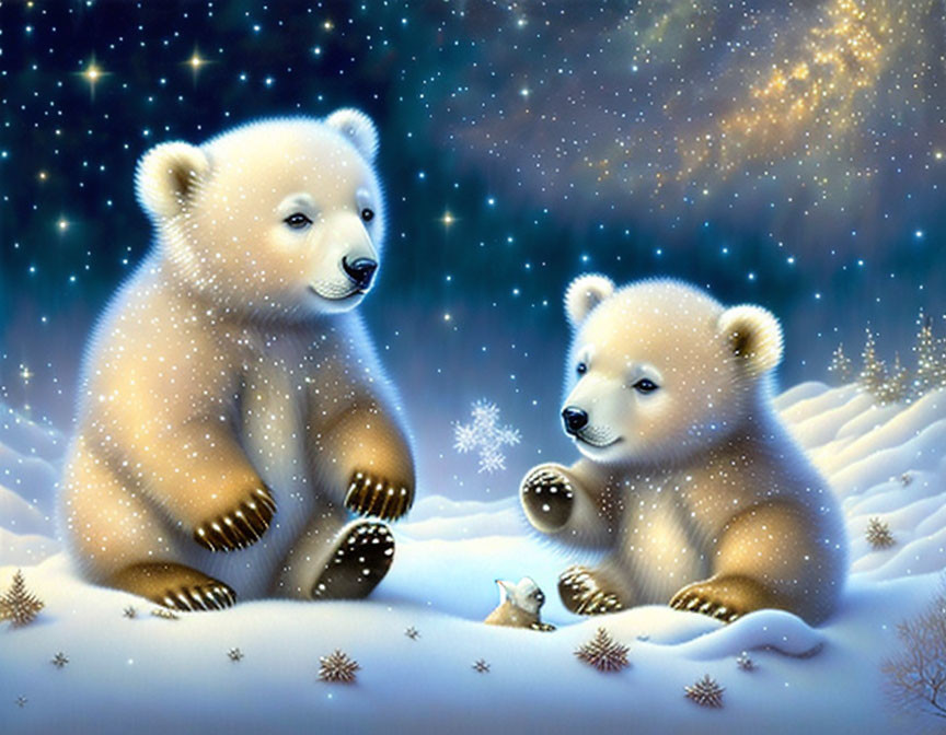 Illustrated polar bear cubs with rabbit in snowy landscape