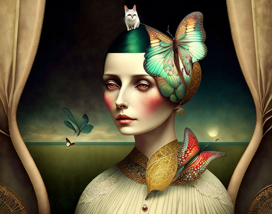 Surreal portrait of woman with butterflies, dragonfly, and cat in dreamy landscape