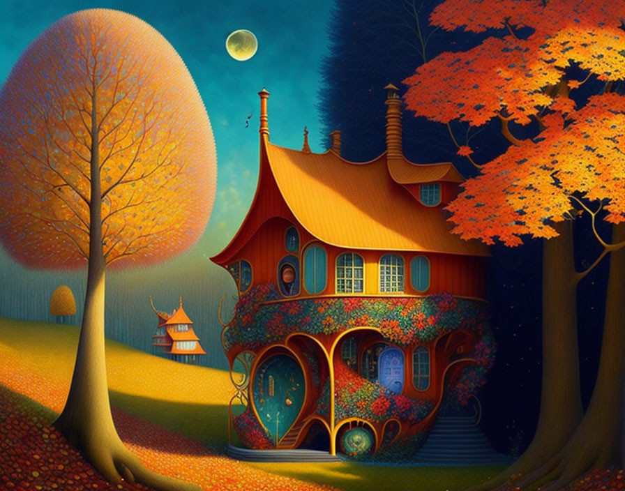 Vibrant fairytale cottage in autumn twilight landscape