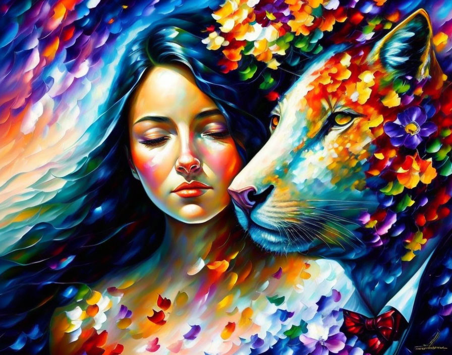 Colorful Artwork: Woman and Lioness Among Flowers and Butterflies