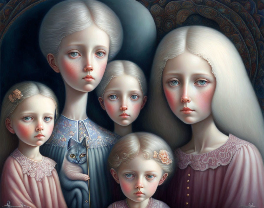 Vintage painting of five pale children in intricate clothing, one with a cat