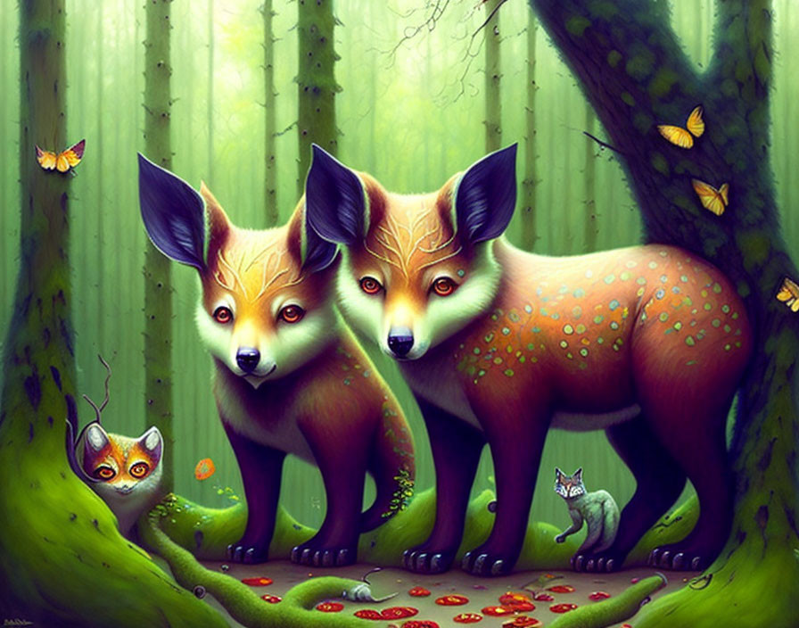 Stylized foxes and mystical forest with creatures and glowing plants