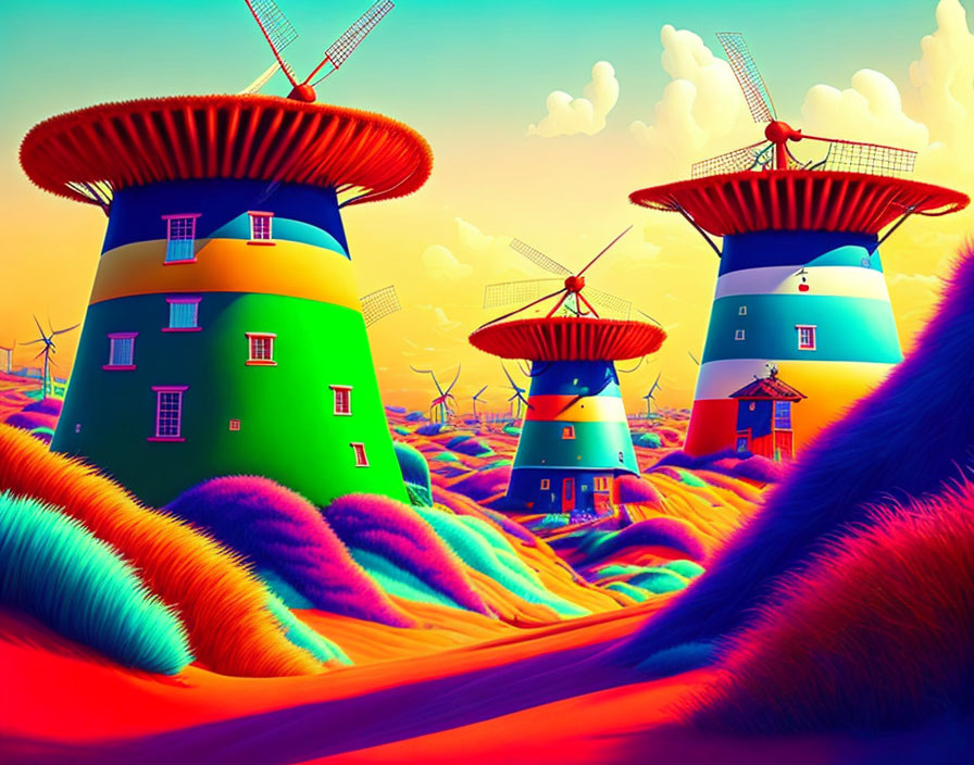 Vibrant surreal landscape with stylized windmills & rolling hills