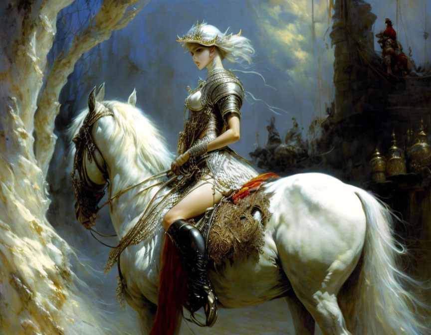 Warrior woman in armor riding white horse in fantasy landscape