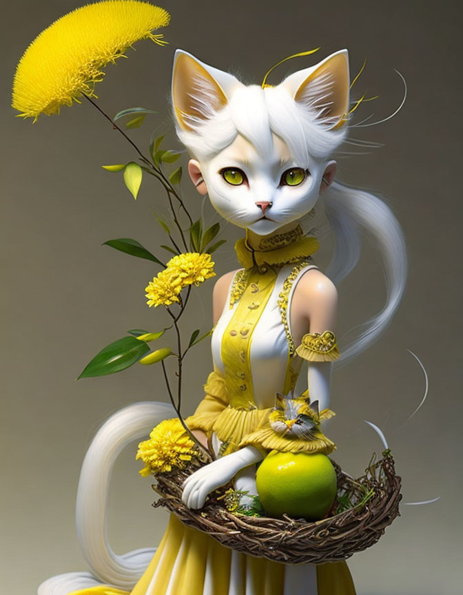 Anthropomorphic white cat in yellow dress with bird basket among yellow flowers