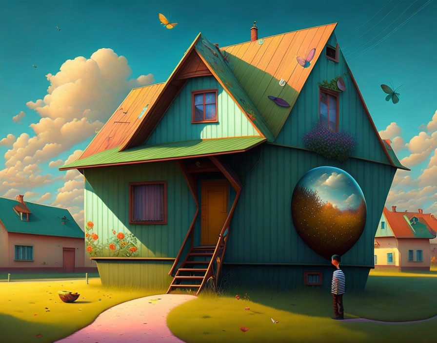 Whimsical boy staring at large egg by green house with surreal elements