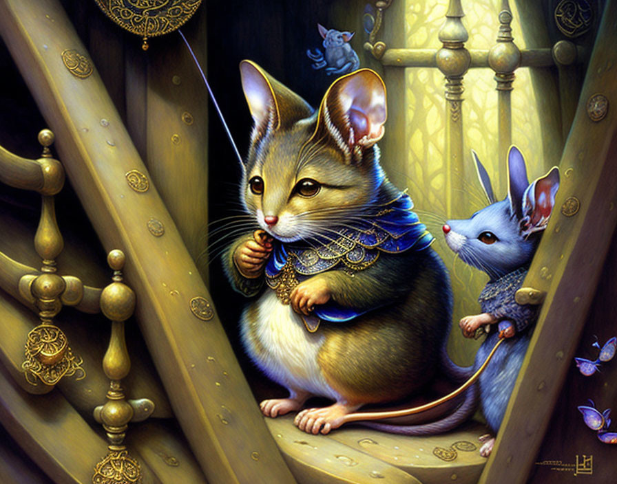 Regal anthropomorphic mouse on staircase with smaller companion.