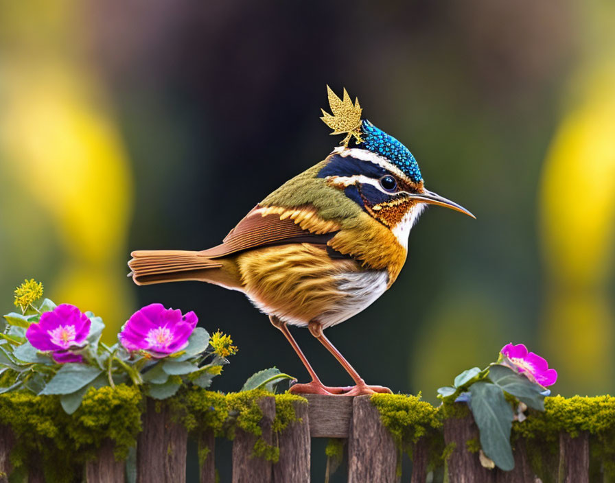 Colorful Bird with Crown of Leaves Perched on Wooden Fence Among Purple Flowers