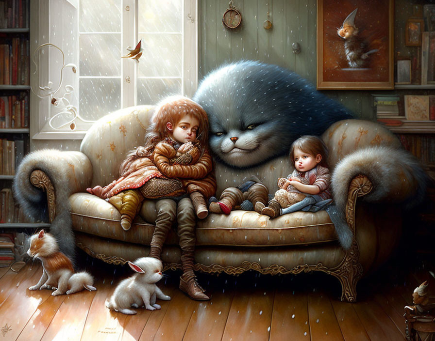 Children and kittens on cozy couch with giant blue cat backrest in warm, book-filled room