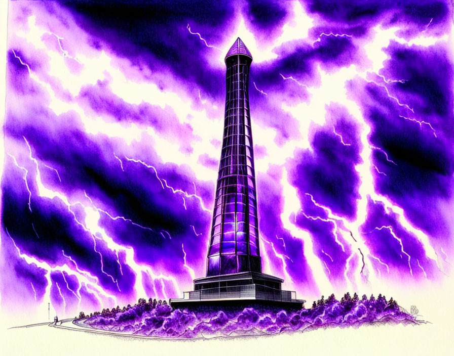 Futuristic tower emitting light in stormy sky with purple lightning