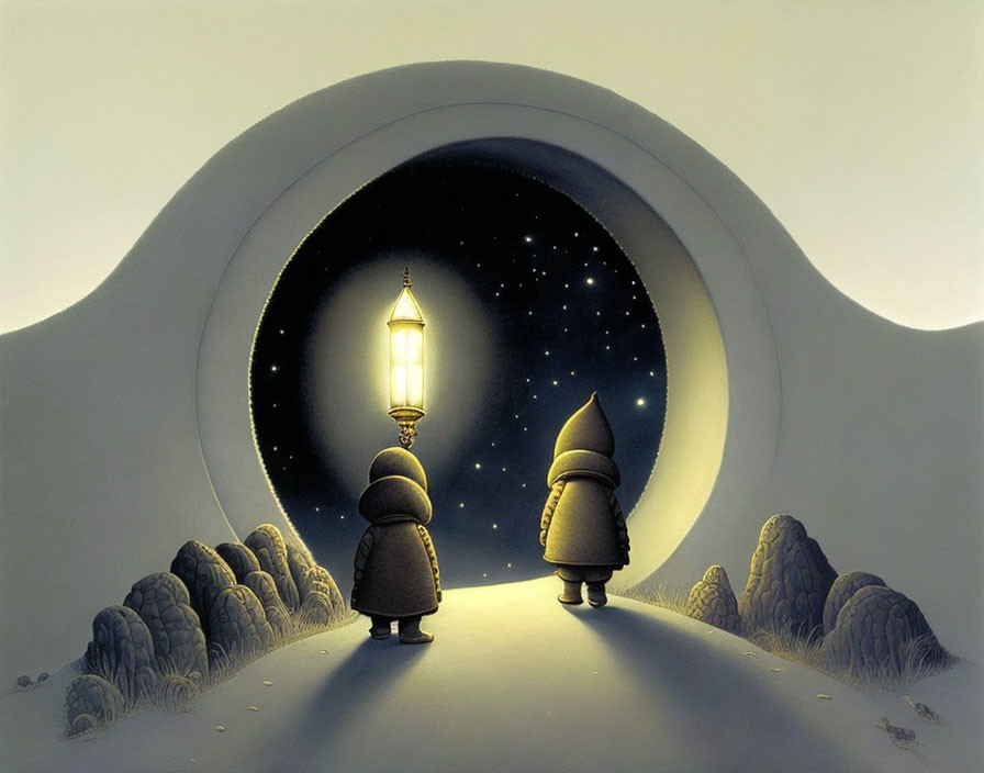 Cloaked figures with lanterns under starry night sky in surreal landscape