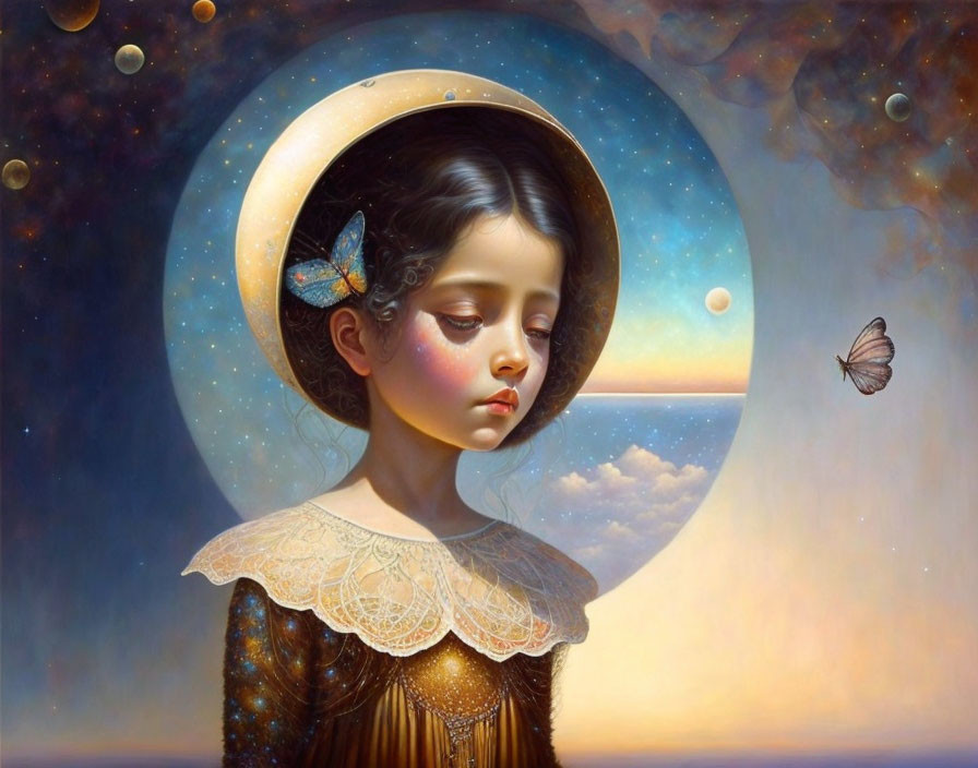 Surreal portrait of young girl with cosmic halo and butterfly.