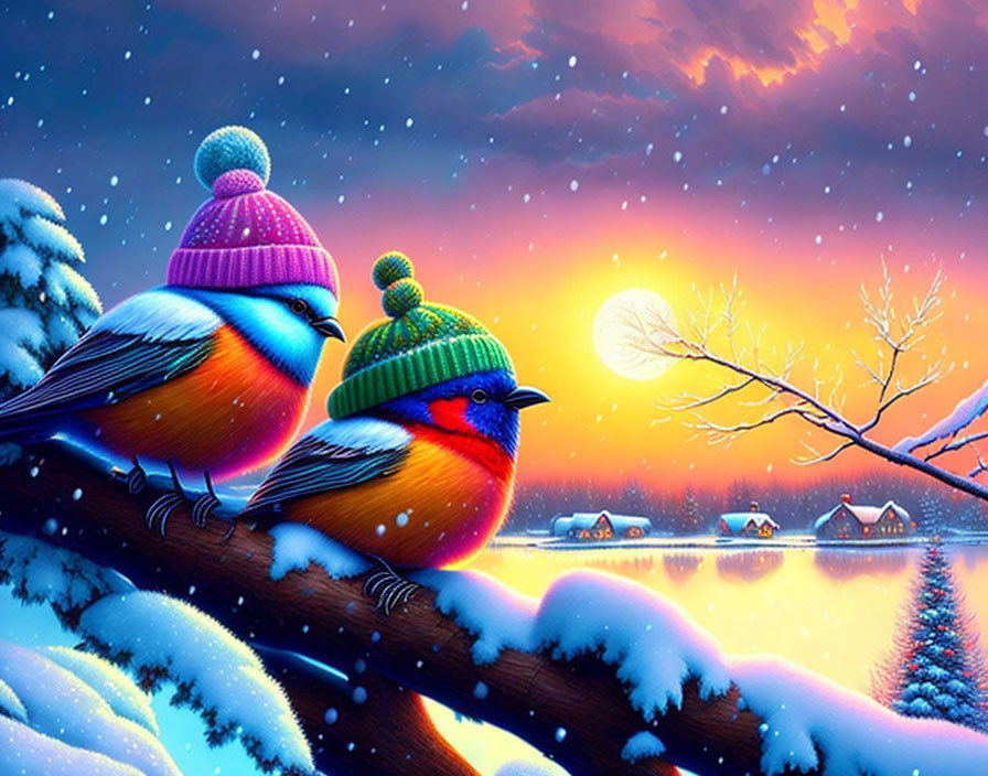 Colorful Birds in Knitted Hats on Snowy Branch with Winter Village Backdrop