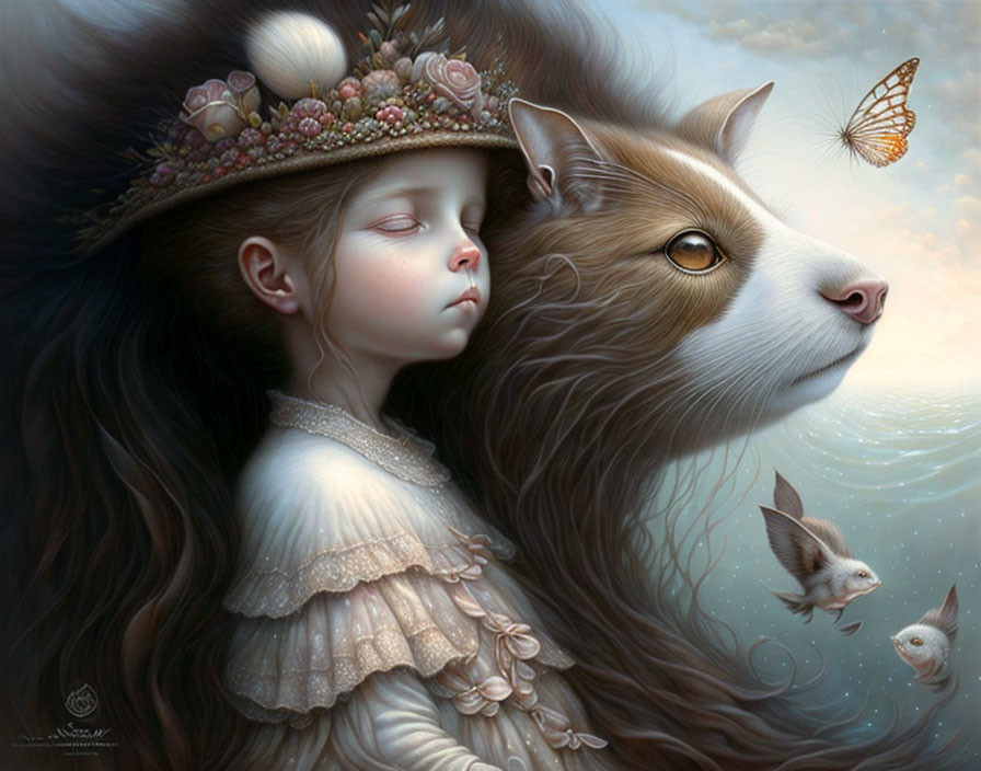 Young girl with closed eyes resting on giant fox in dreamy scene