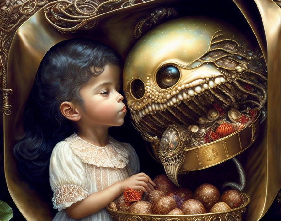 Dark-haired girl with golden mechanical skull in surreal, ornate setting.