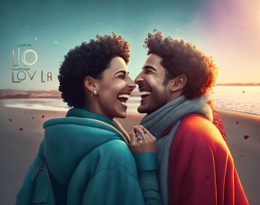 Illustrated couple smiling on beach at dusk with starry sky and floating hearts