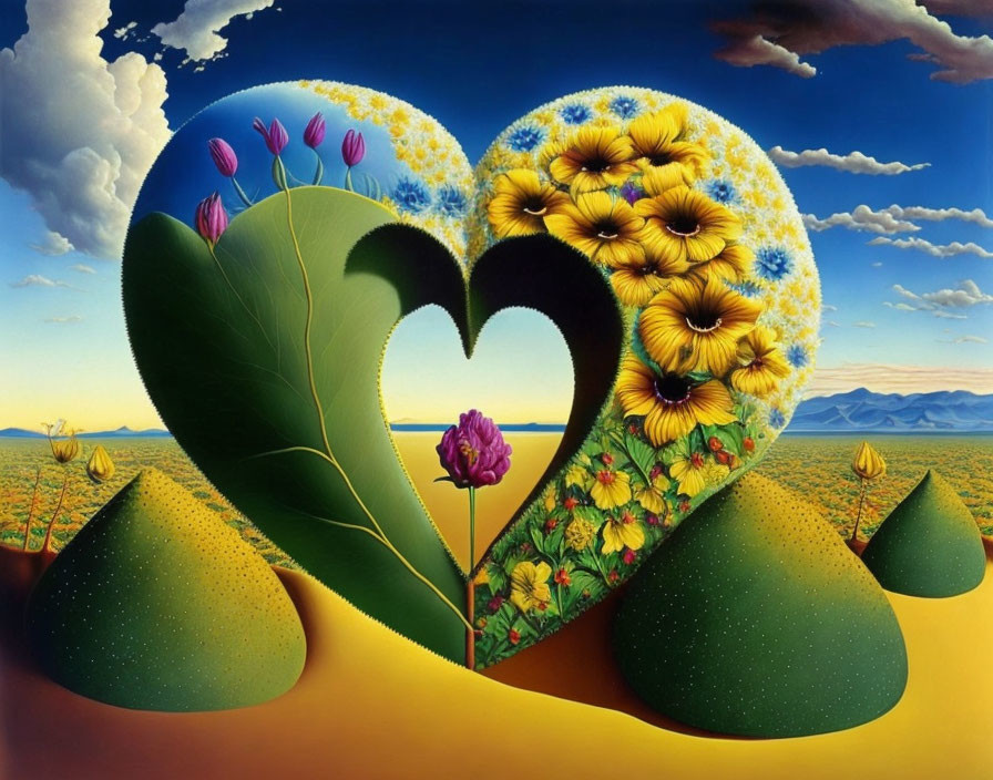 Surrealist painting: Intertwined heart shapes, floral landscape, mountains