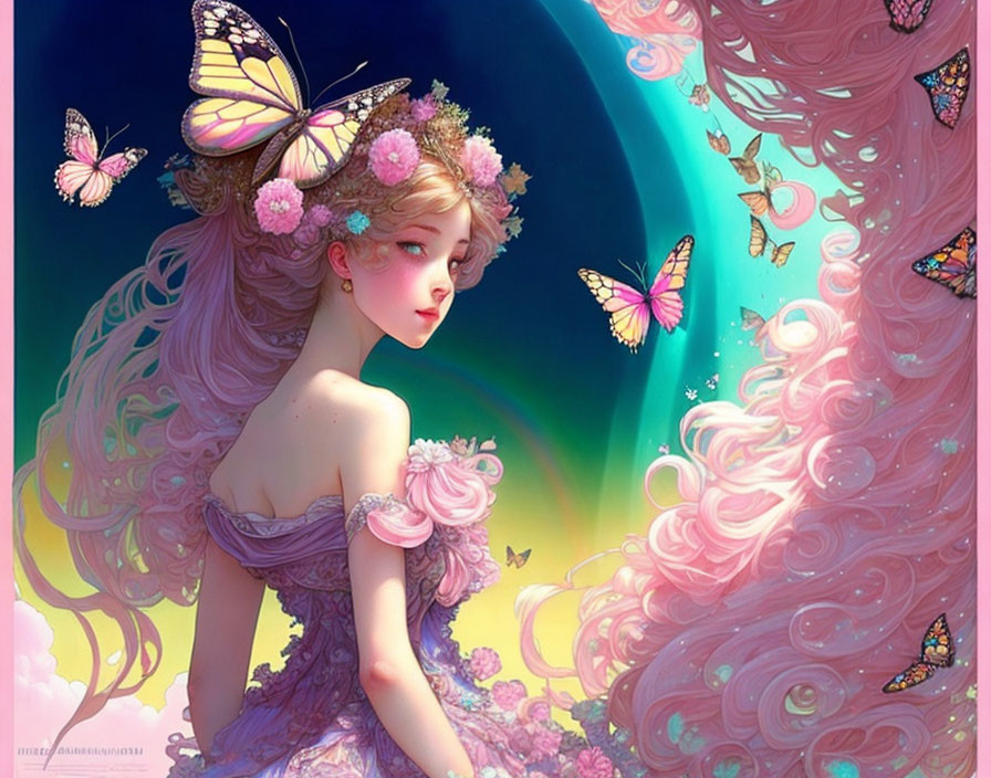 Whimsical girl with floral crown and butterflies on pastel background