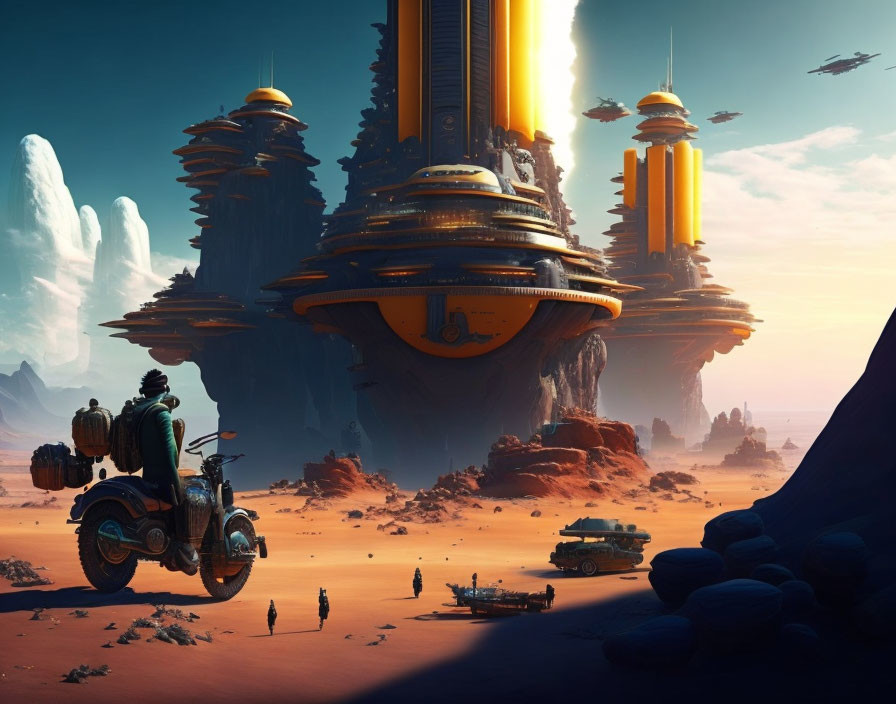 Futuristic desert landscape with towering structures and flying vehicles