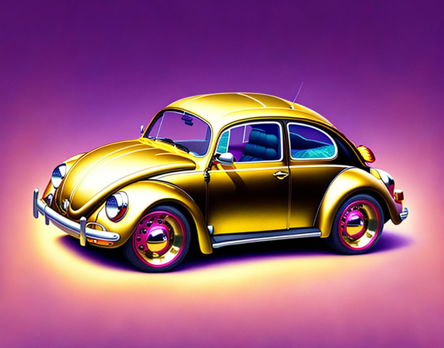 Colorful Gold and Pink Volkswagen Beetle Illustration on Purple Gradient Background