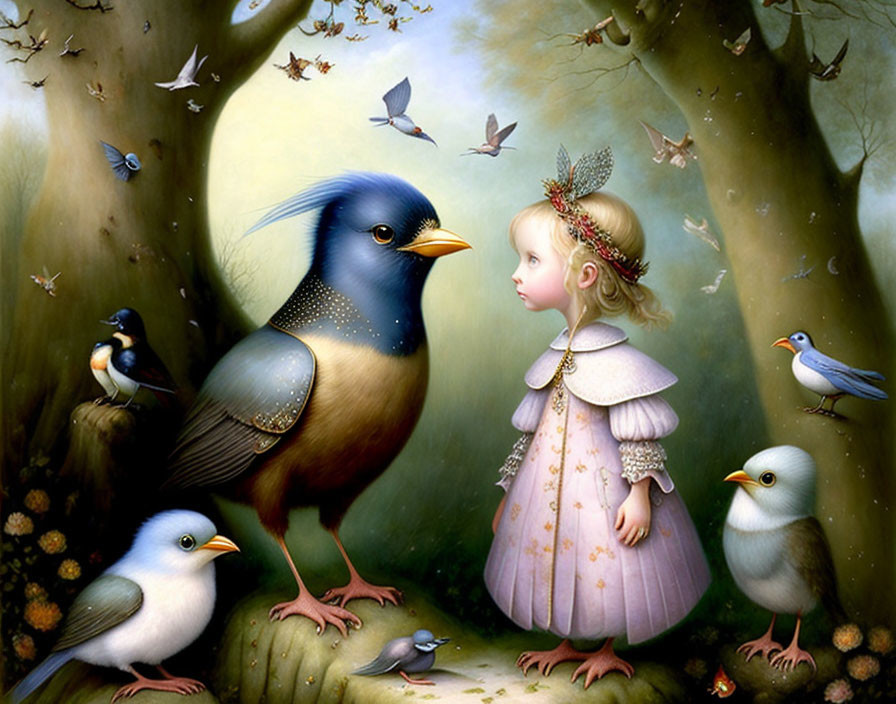 Detailed oversized bird and small girl in enchanted forest scene