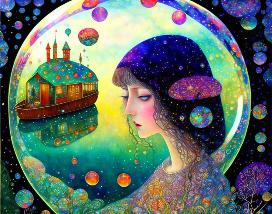 Vibrant cosmic-themed woman illustration with ship and orbs on starry backdrop