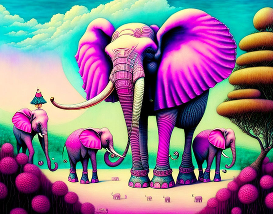 Colorful surreal illustration: Pink & purple elephants in whimsical forest