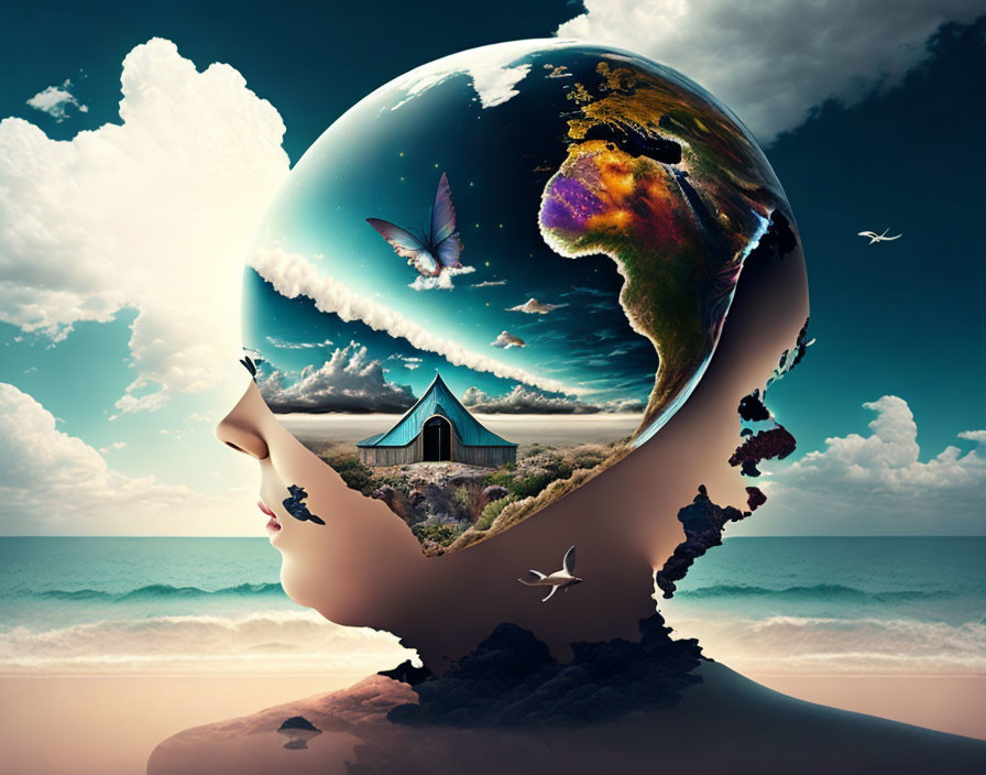 Surreal artwork: human silhouette merges with earth-like globe in seascape setting