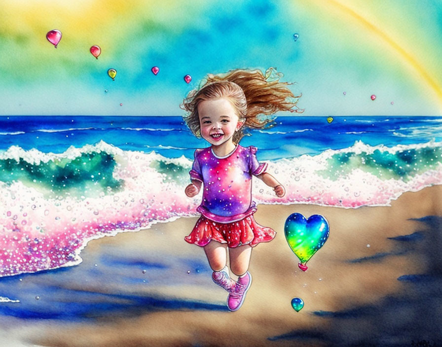 Young girl running on beach with colorful balloons and rainbow