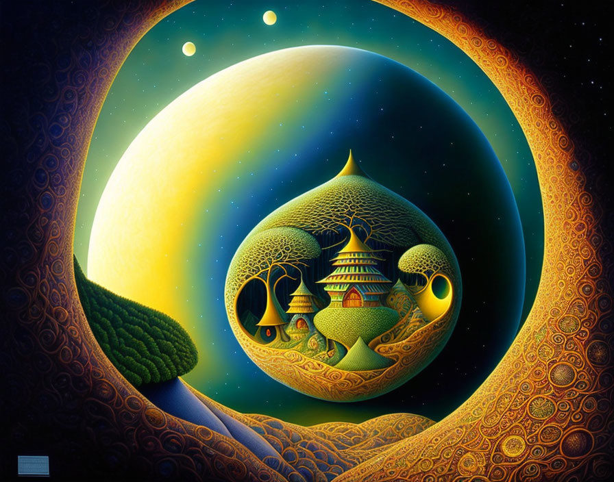 Fantasy landscape with droplet-shaped universe, intricate trees, pagoda-like structures, celestial bodies,