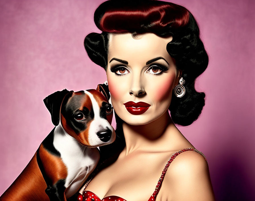 Vintage makeup woman poses with small dog on pink background