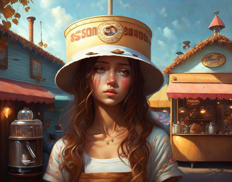 Melancholic girl in paint can hat against surreal backdrop