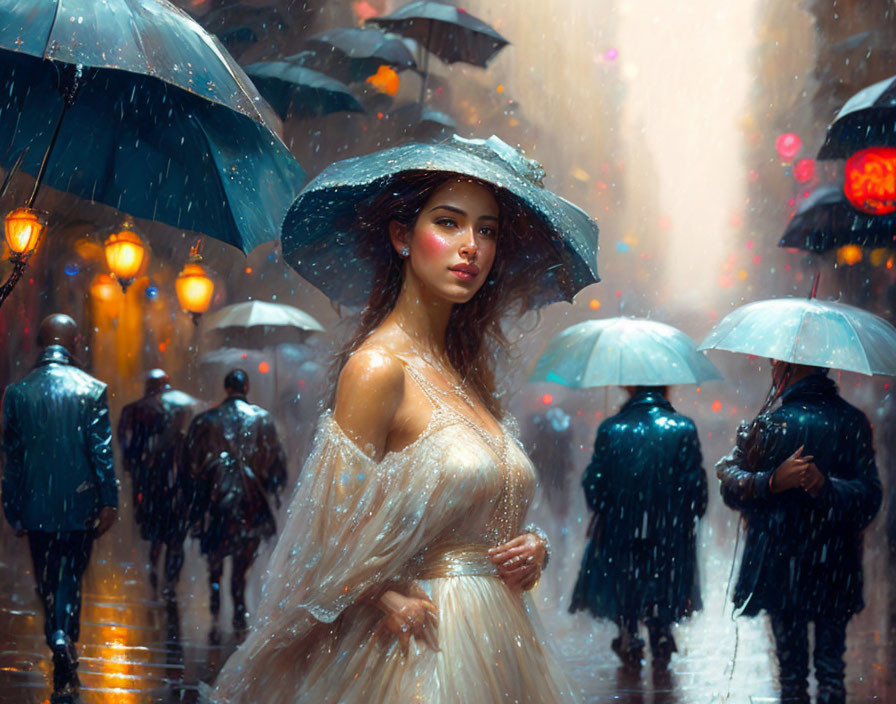 Woman with umbrella in rainy street scene at night.