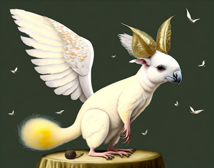 Mythical creature with parrot body, feathered wings, squirrel tail, and golden antlers