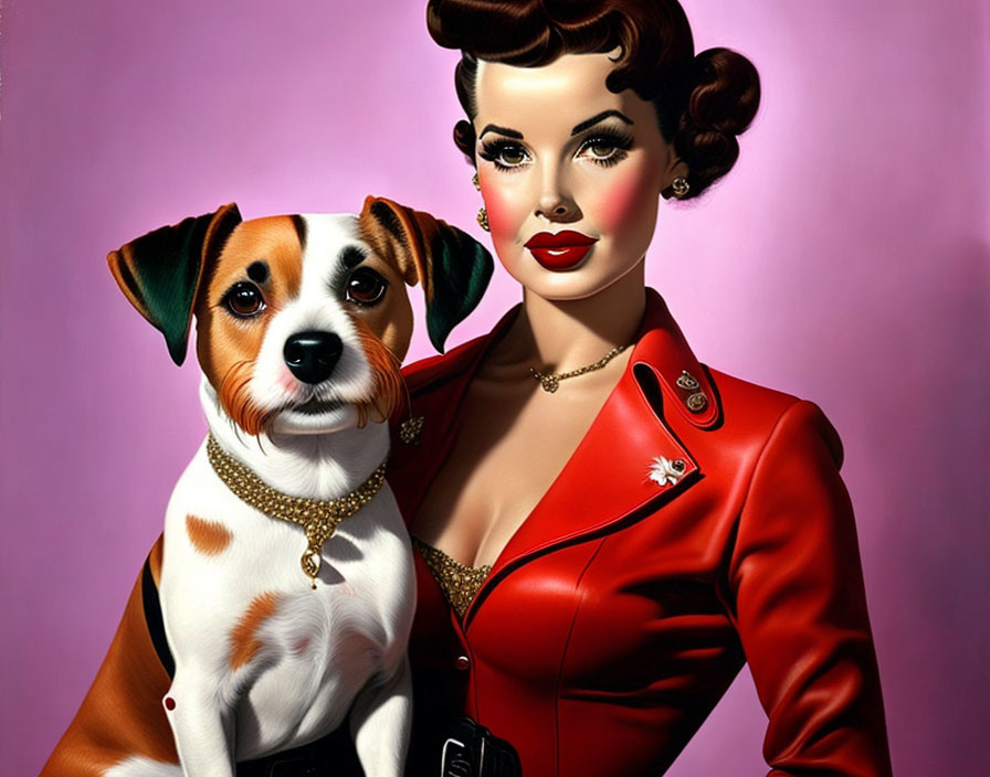 Stylized illustration of woman in red jacket with 1950s style hair and makeup next to