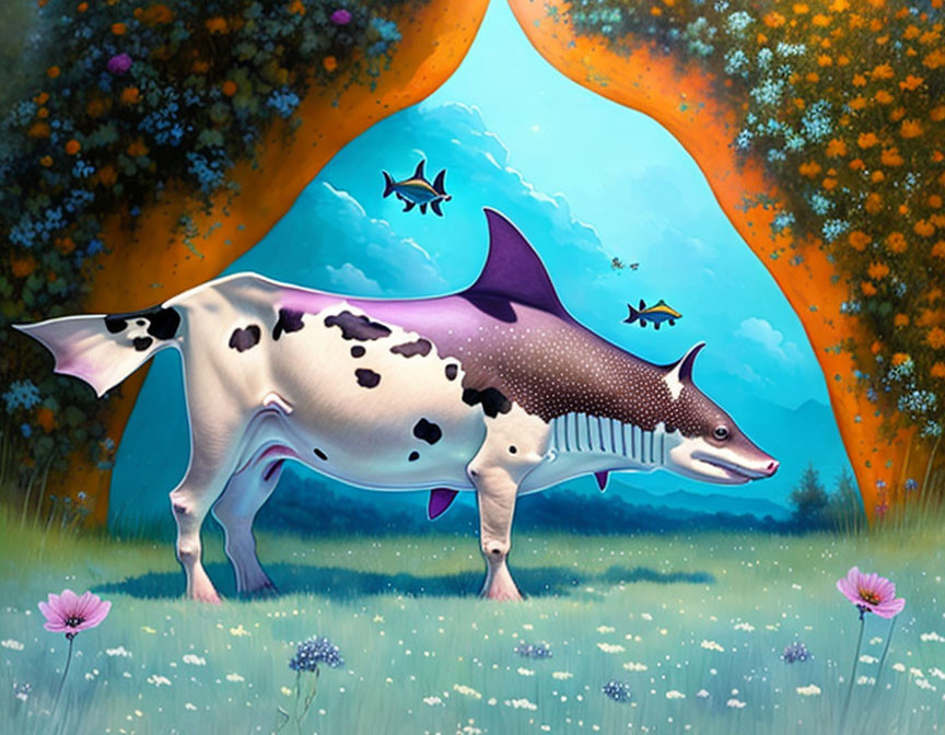 Surreal illustration: Cow-bodied creature with shark head in grassy field