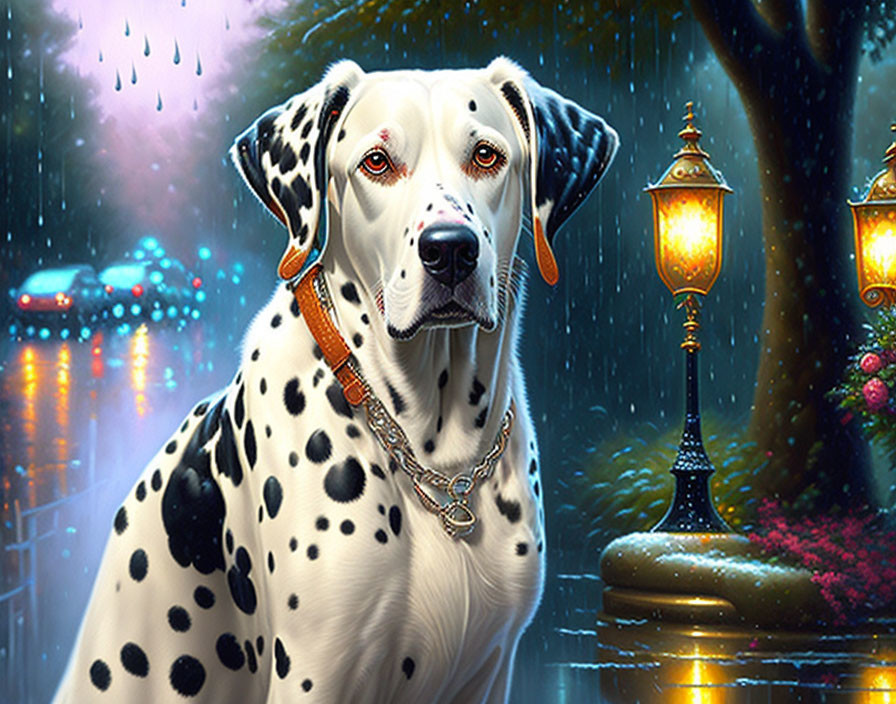 Dalmatian in Rainy Night under Street Lamp