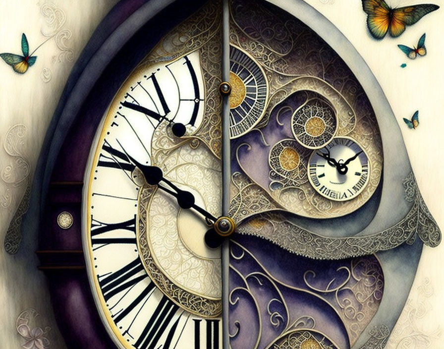 Surreal clock part with ornate details and butterflies