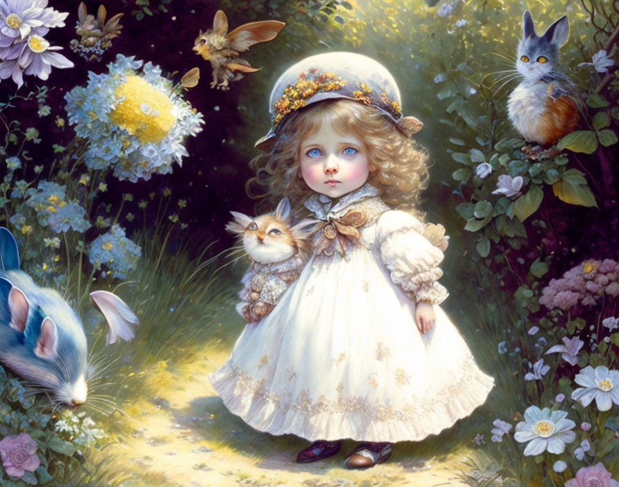 Young girl in vintage dress with rabbit among whimsical animals and flowers