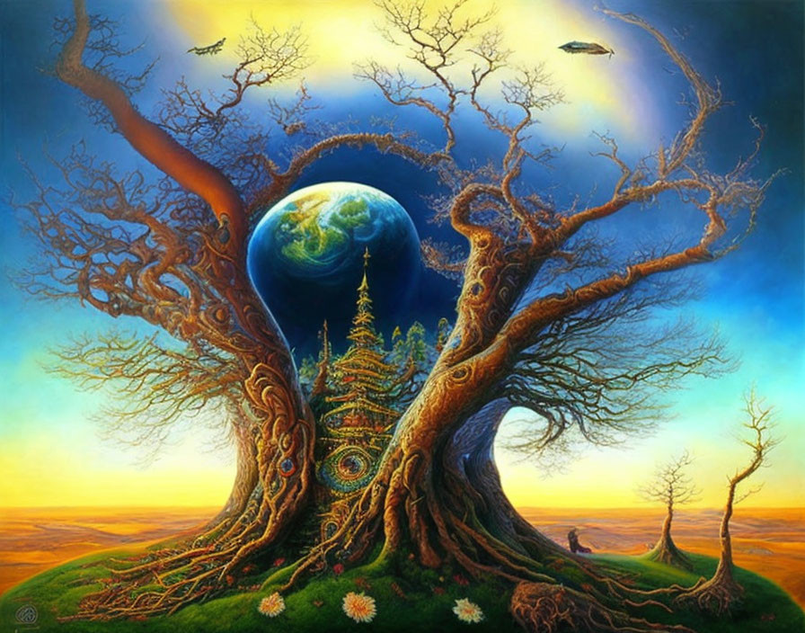 Fantasy painting: Large tree with human silhouette, castle, birds, UFO, sunset sky