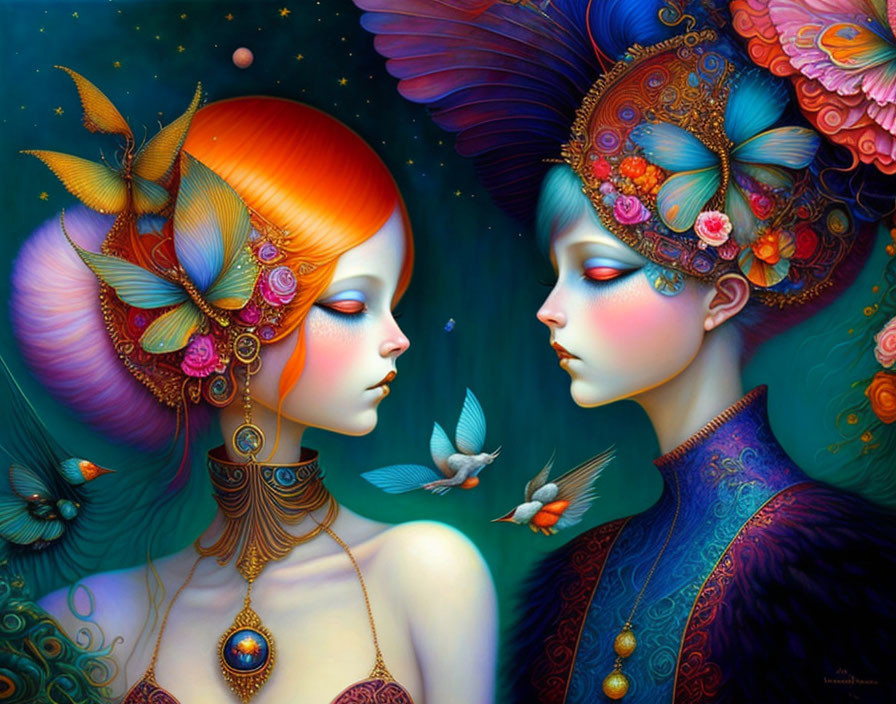 Colorful Artwork: Two Figures with Ornate Headdresses, Butterflies, and Cosmic Background