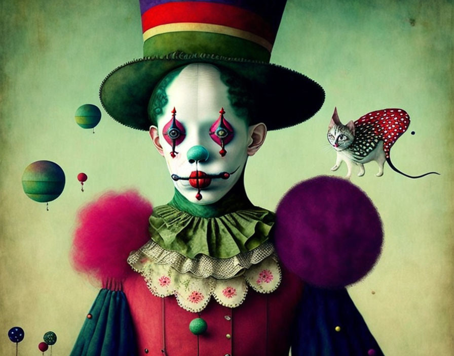 Colorful digital artwork featuring person in clown makeup with tall hat, small cat, and floating balloons