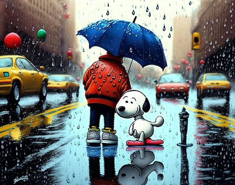 Child in Red Jacket with Blue Umbrella and Cartoon Dog in Rainy City Scene