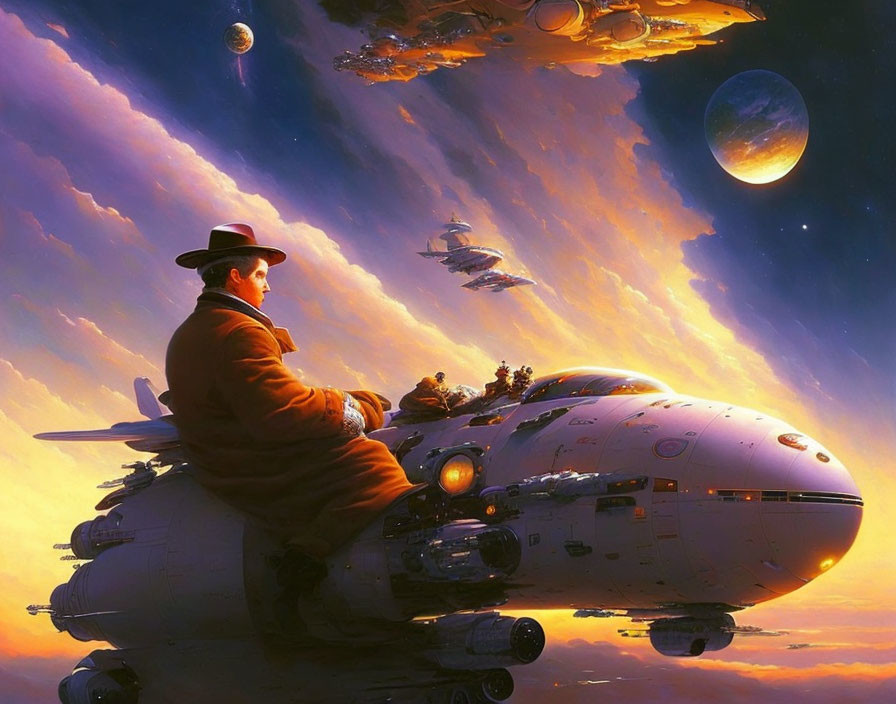 Person in coat and hat rides flying machine amidst airships in vibrant sky